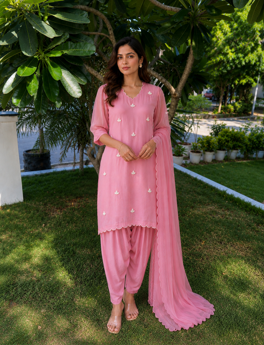Pink Small geo Flower Kurta dhoti set