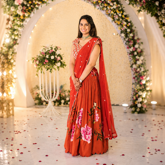 Red Peonia Skirt Set