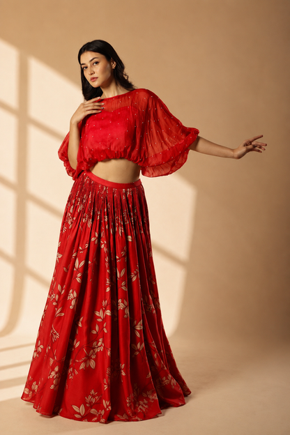 Red Foliole Balloon Top and Skirt set