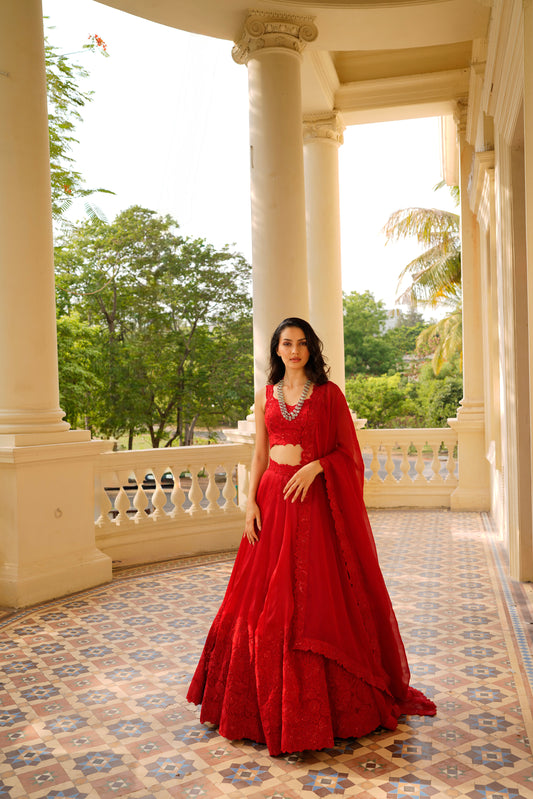Red Applique Lehenga