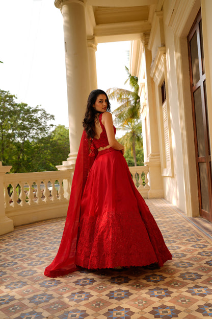 Red Applique Lehenga