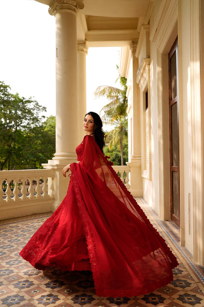 Red Applique Lehenga