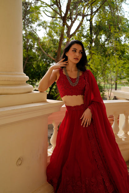 Red Applique Lehenga