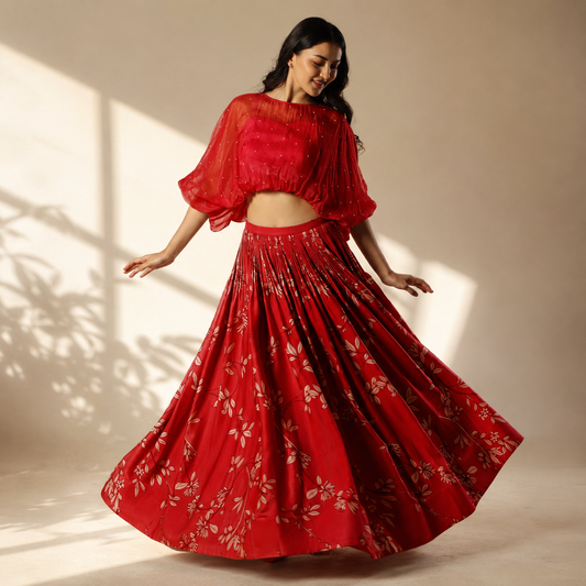 Red Foliole Balloon Top and Skirt set