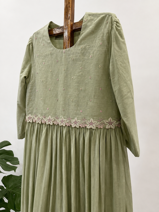 Sage Green Attached Jakcet Knot Belt Cotton Dress