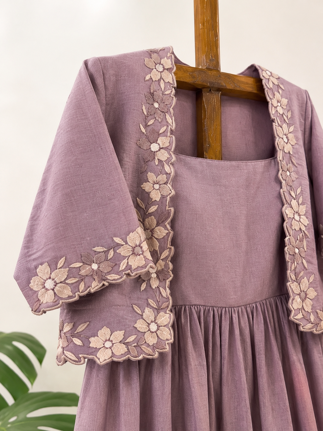 Mauve Floral Embroidery Linen Dress
