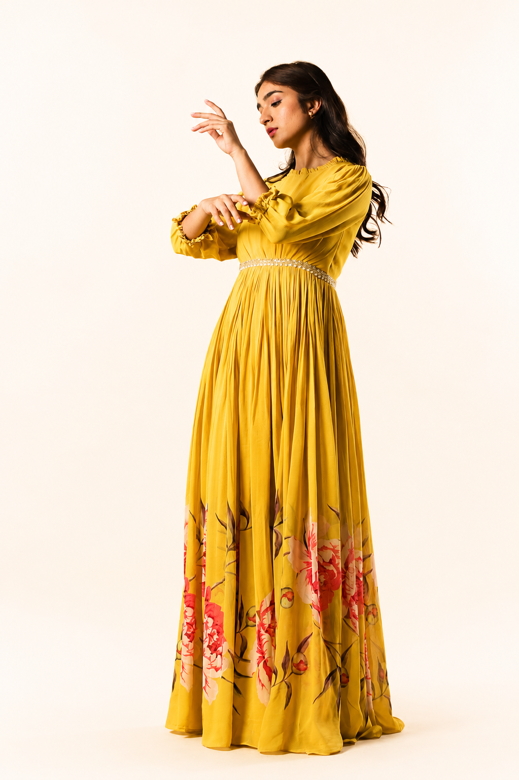 Yellow Peonia Printed Floorlength