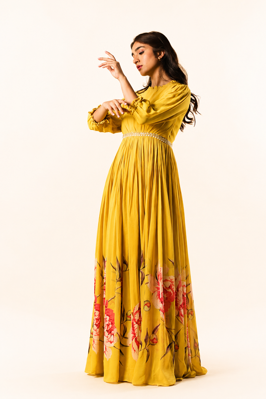 Yellow Peonia Printed Floorlength