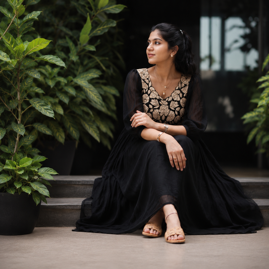 Black Applique crushed cotton dress