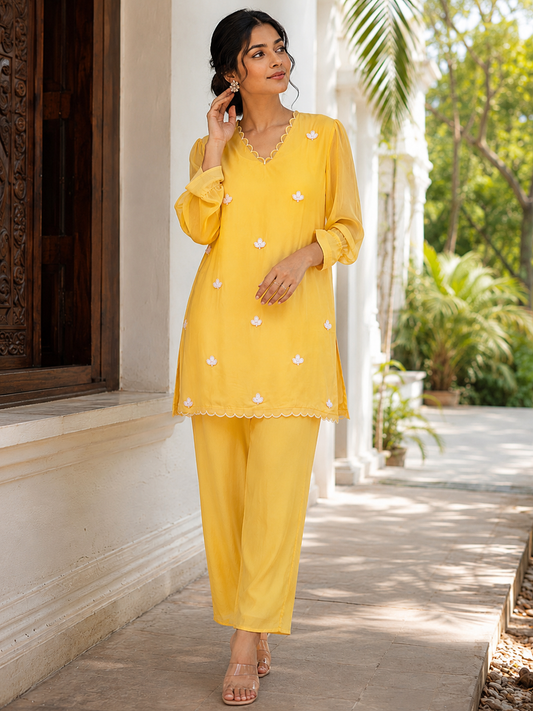 Sunshine Yellow Georgette Flowers Kurta Set