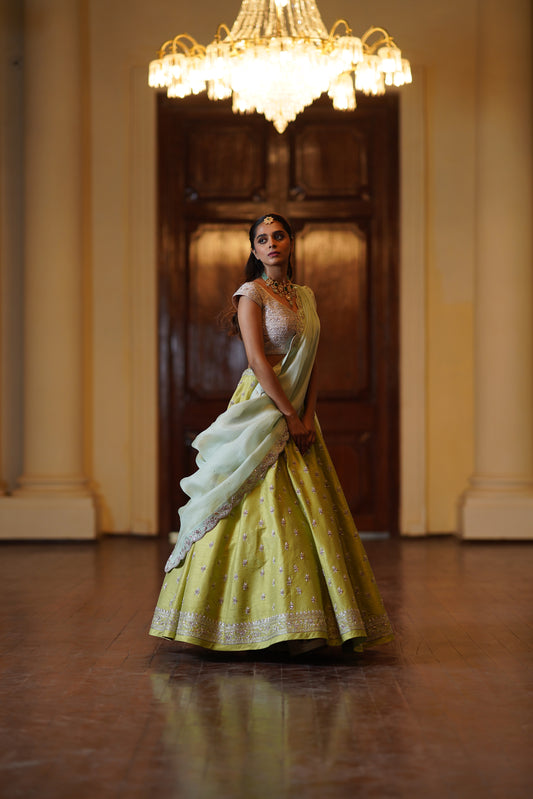 Mint green small flower Lehenga