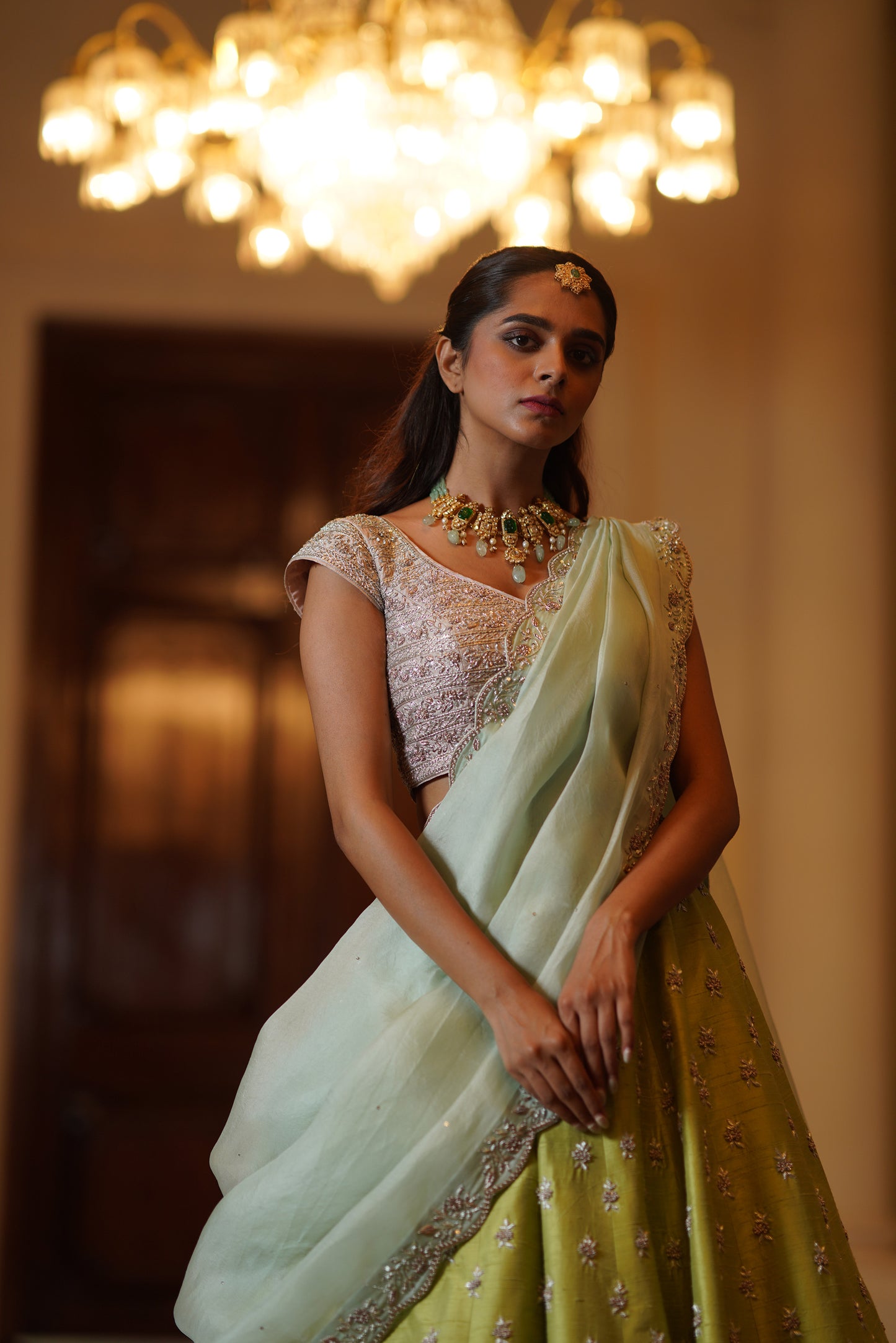 Mint green small flower Lehenga