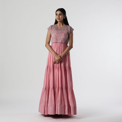 Powder Pink Layered Floorlength with pearl Tie Jacket