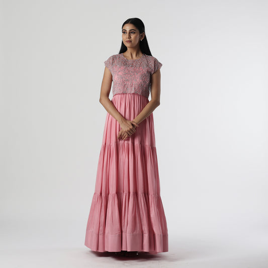 Powder Pink Layered Floorlength with pearl Tie Jacket