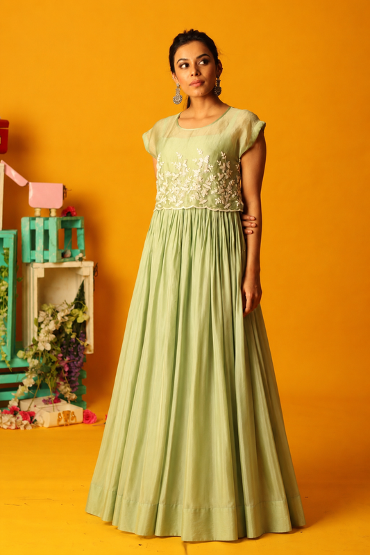 Mint Green Vinca Embroidered Tie Jakcet Floorlength