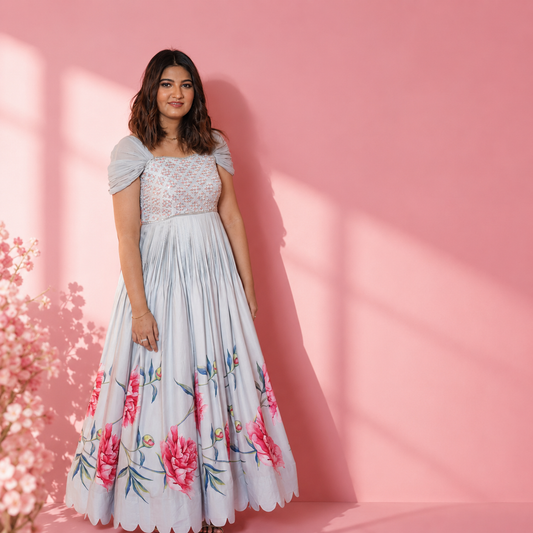 Powder Blue Peonia Printed Floorlength
