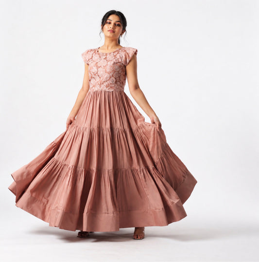 Rose Brown Applique Tie Jakcet Floorlength