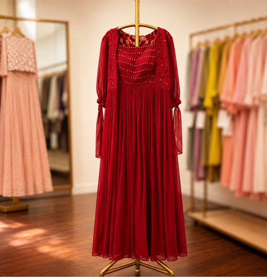 Red Mirror Applique Overlay Floorlength