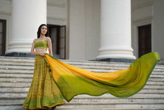 Yelloe And Green Geometrical Print Skirt Set