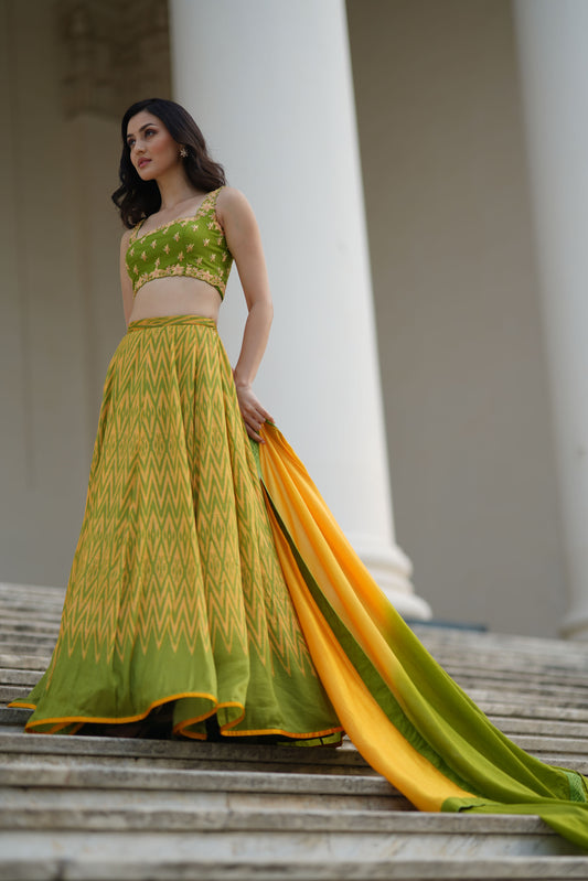 Yelloe And Green Geometrical Print Skirt Set