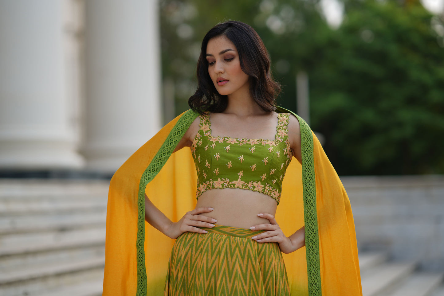 Yelloe And Green Geometrical Print Skirt Set