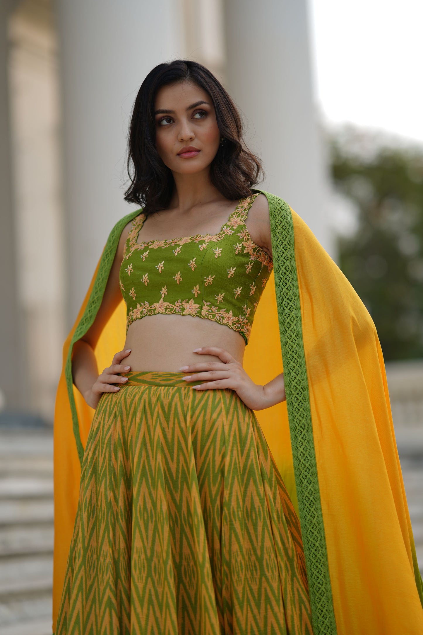 Yelloe And Green Geometrical Print Skirt Set