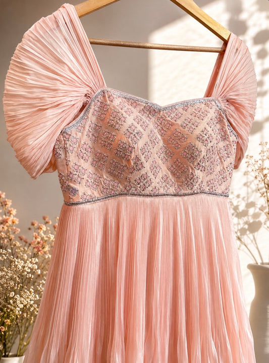 Peach Dot Embroidery Drape Sleeve Floorlength