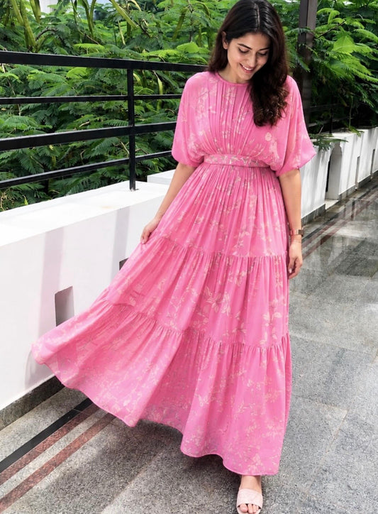 Bubblegum Pink Georgette Foliole Layered Floorlength