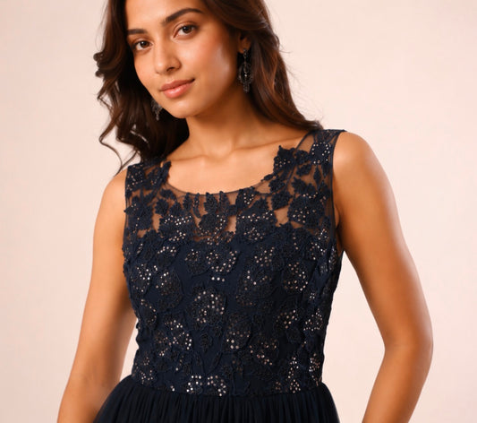 Midnight Blue Applique Tulle Gown