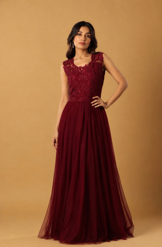Burgundy Applique Tulle Gown