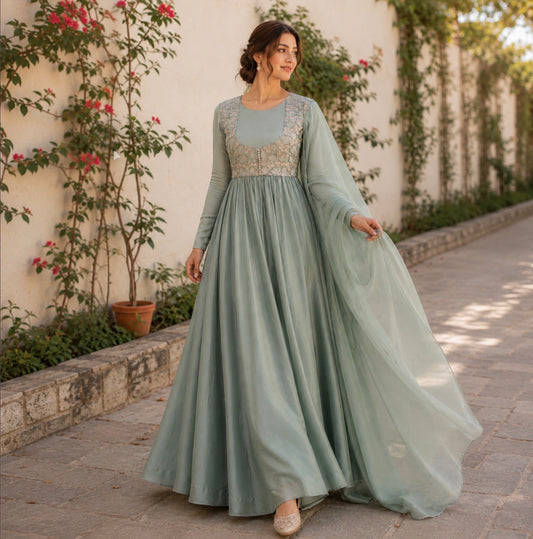 Dusty Green Rose Knot embroidery Anarkali set