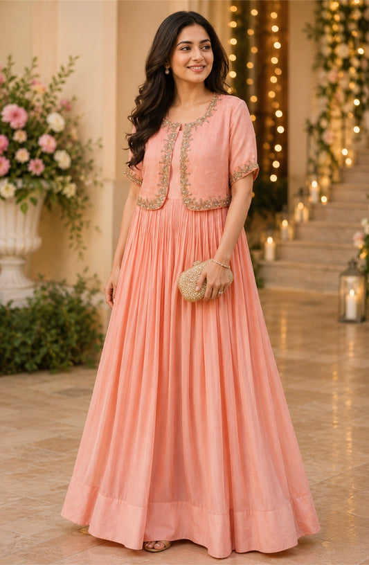 Peach Stripes Jakcet Floorlength