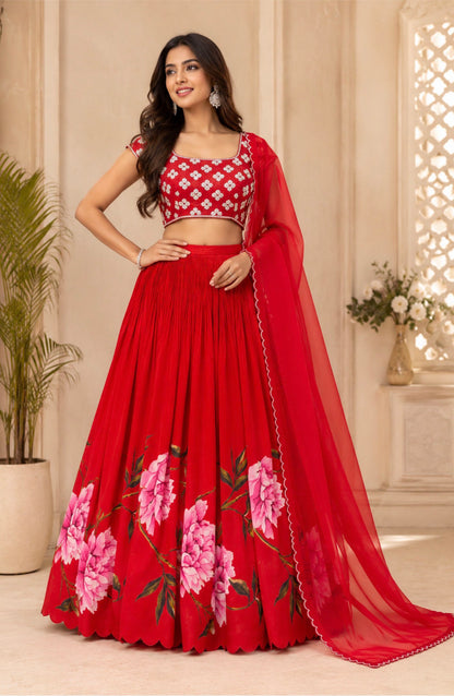 Red Peonia Printed Skirt Set