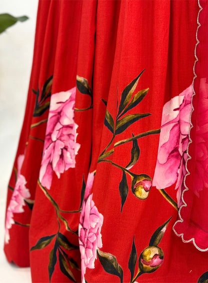 Red Peonia Printed Skirt Set