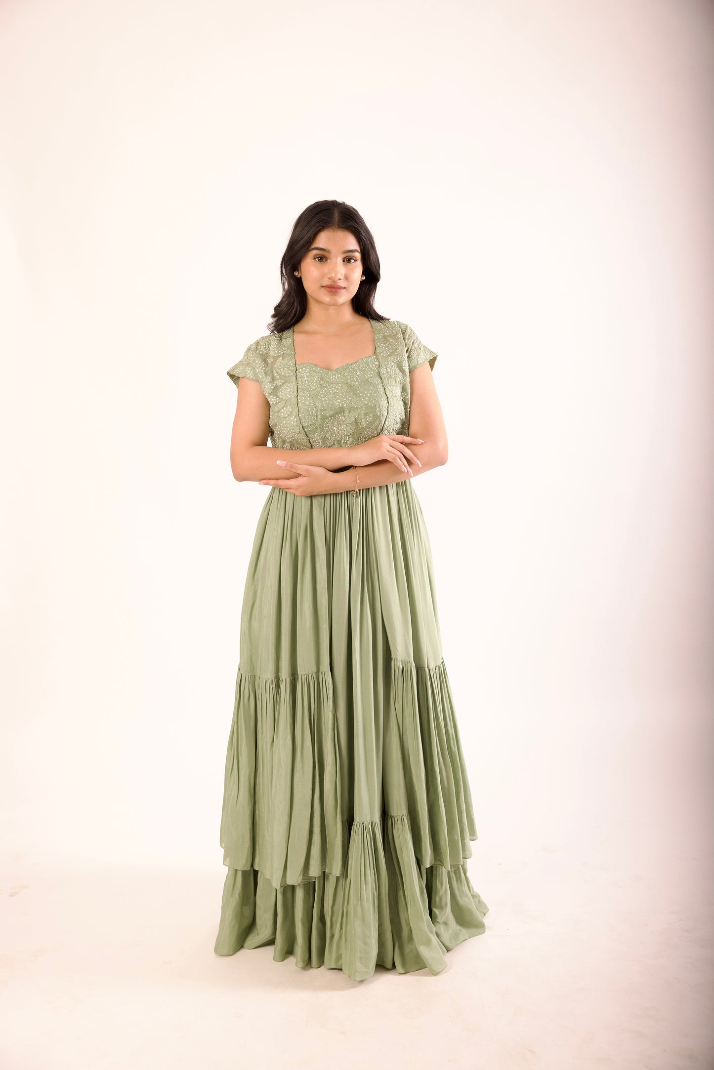 Sage Green Applique Overlay Floorlength