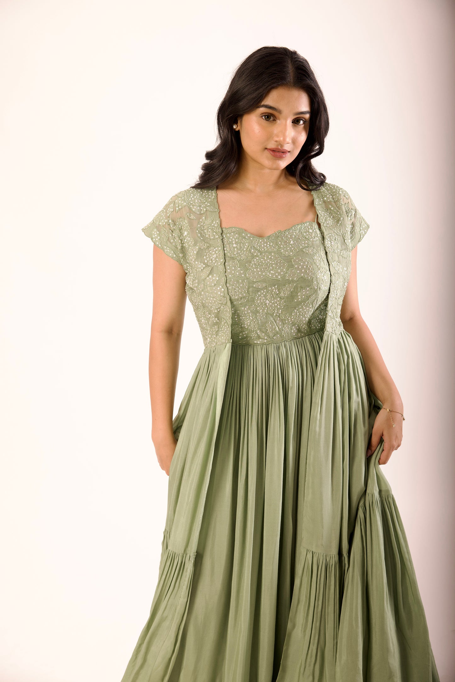 Sage Green Applique Overlay Floorlength
