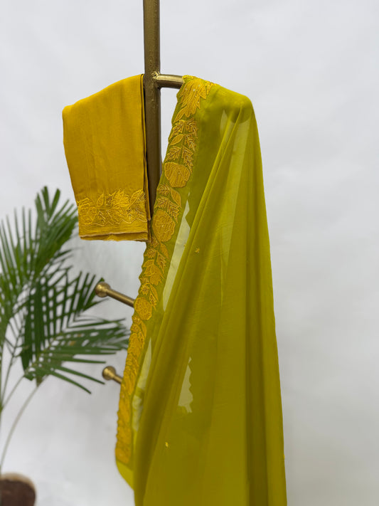 Leaf green applique falling organza with hand em