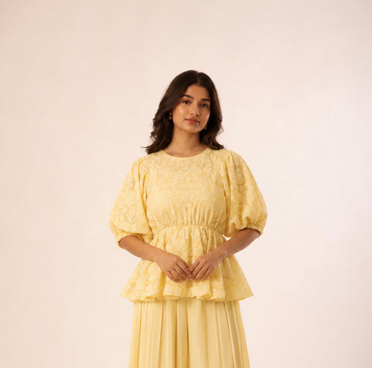 Butter yellow applique peplum and pants