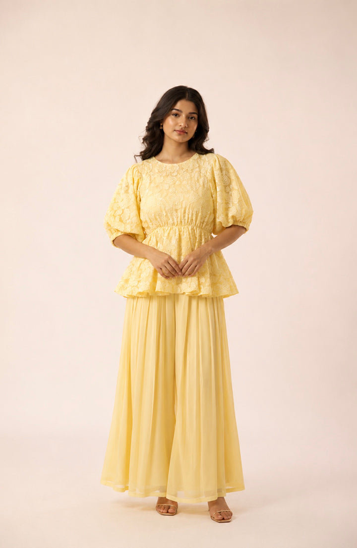 Butter yellow applique peplum and pants