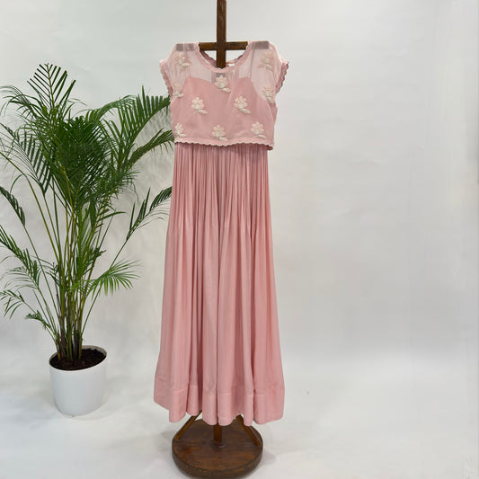 Soft Pink Georgette Flowers Tie Jacket Floorlength