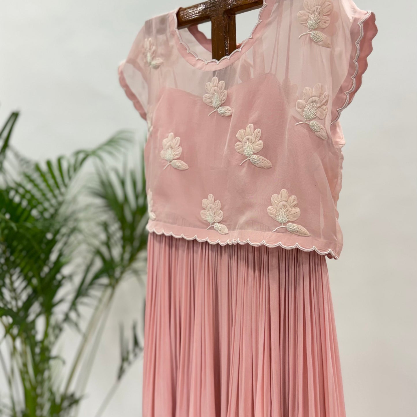 Soft Pink Georgette Flowers Tie Jacket Floorlength