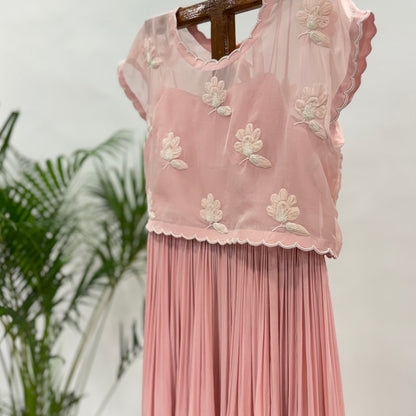 Soft Pink Georgette Flowers Tie Jacket Floorlength