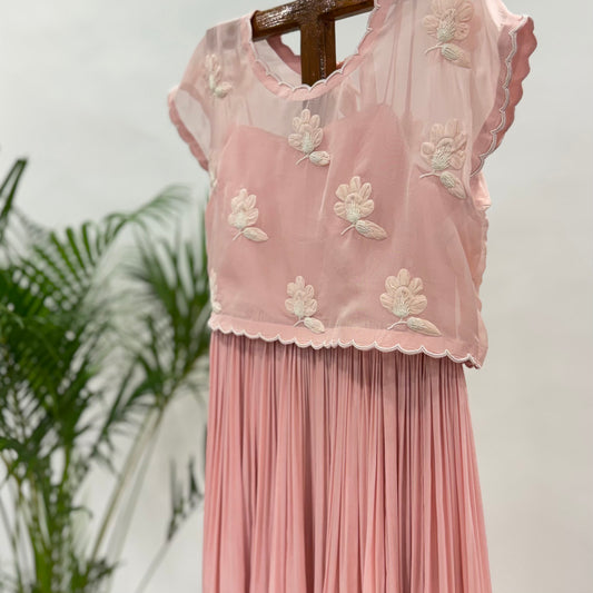 Soft Pink Georgette Flowers Tie Jacket Floorlength