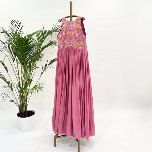 Pink Multi thread Halter Neck Floorlength