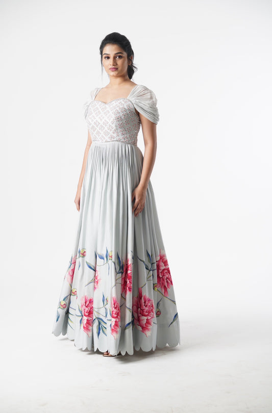 Blue Peonia Printed Floorlength