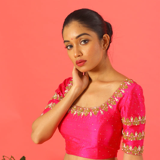 Hot Pink Knot Embroidery Blouse