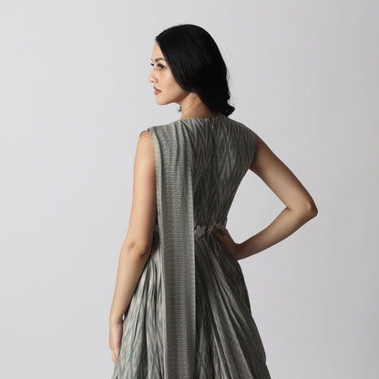 Sage Green Stripes drape Floorlength with embroidered Belt
