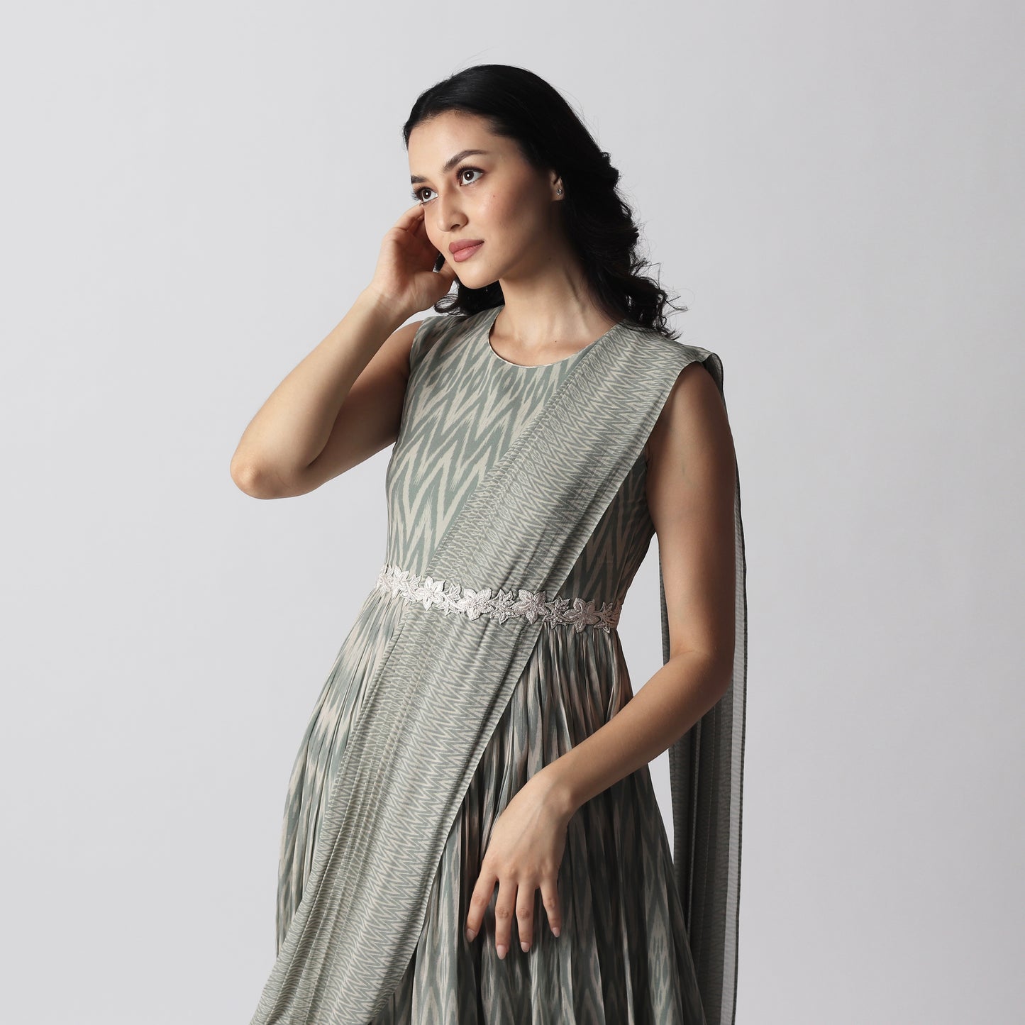 Sage Green Stripes drape Floorlength with embroidered Belt
