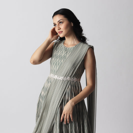 Sage Green Stripes drape Floorlength with embroidered Belt