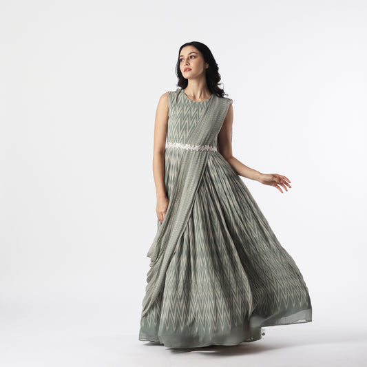 Sage Green Stripes drape Floorlength with embroidered Belt
